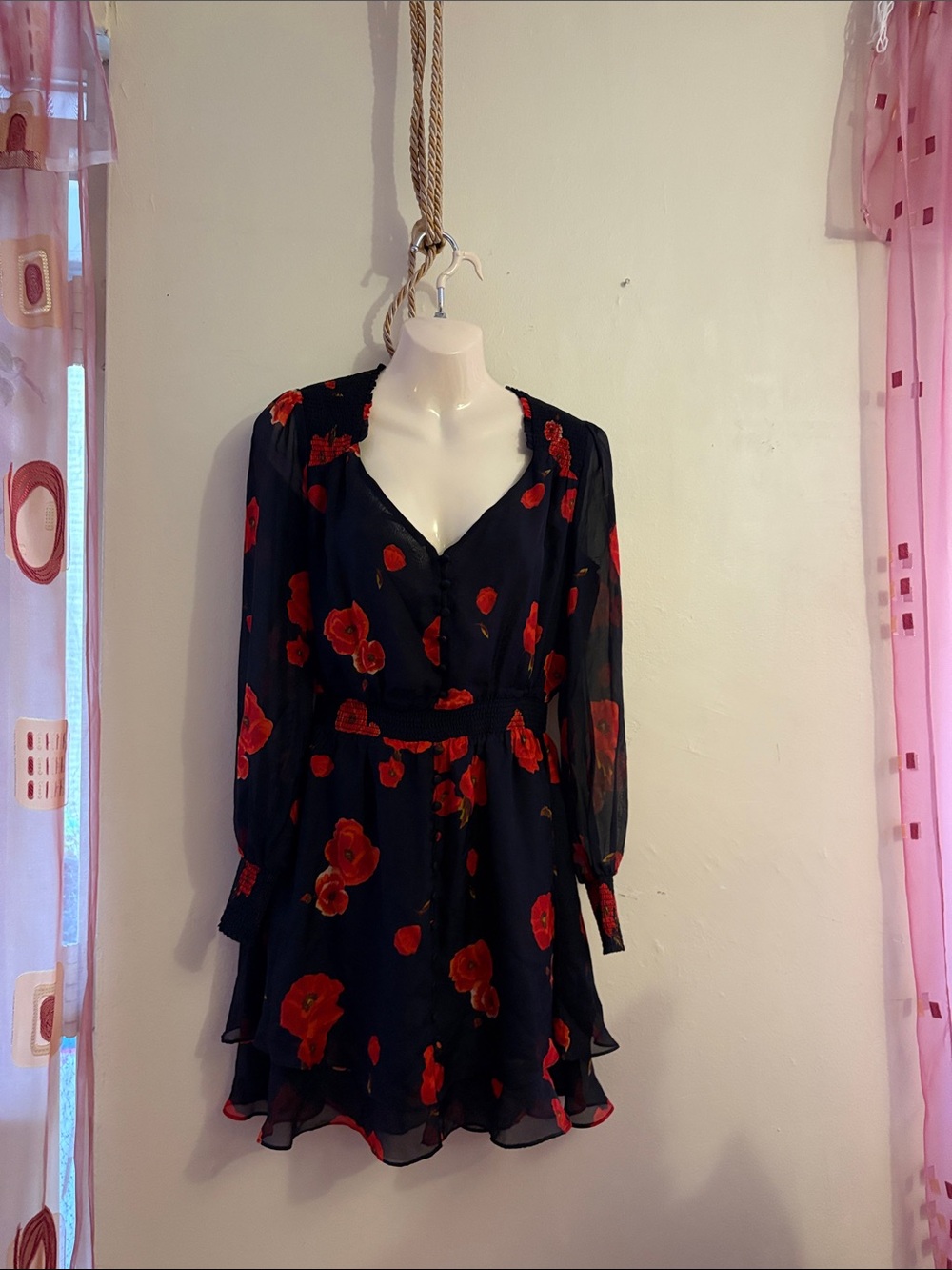 INTERMIX Black Dress with Red Floral Print, Long Sleeve Mini. Silk